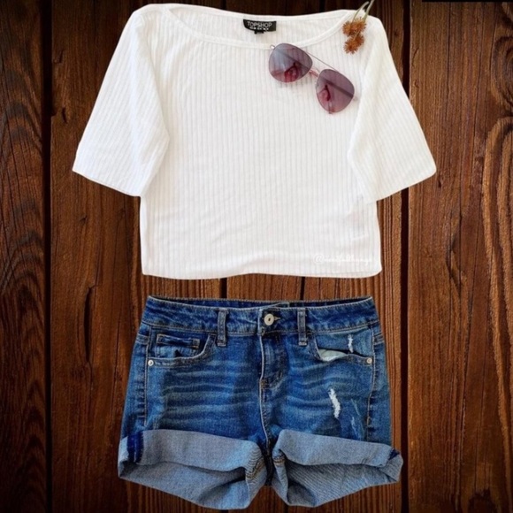 TOPSHOP Crop Top White Boatneck Short Sleeve Ribbed Lightweight Small - Picture 10 of 10